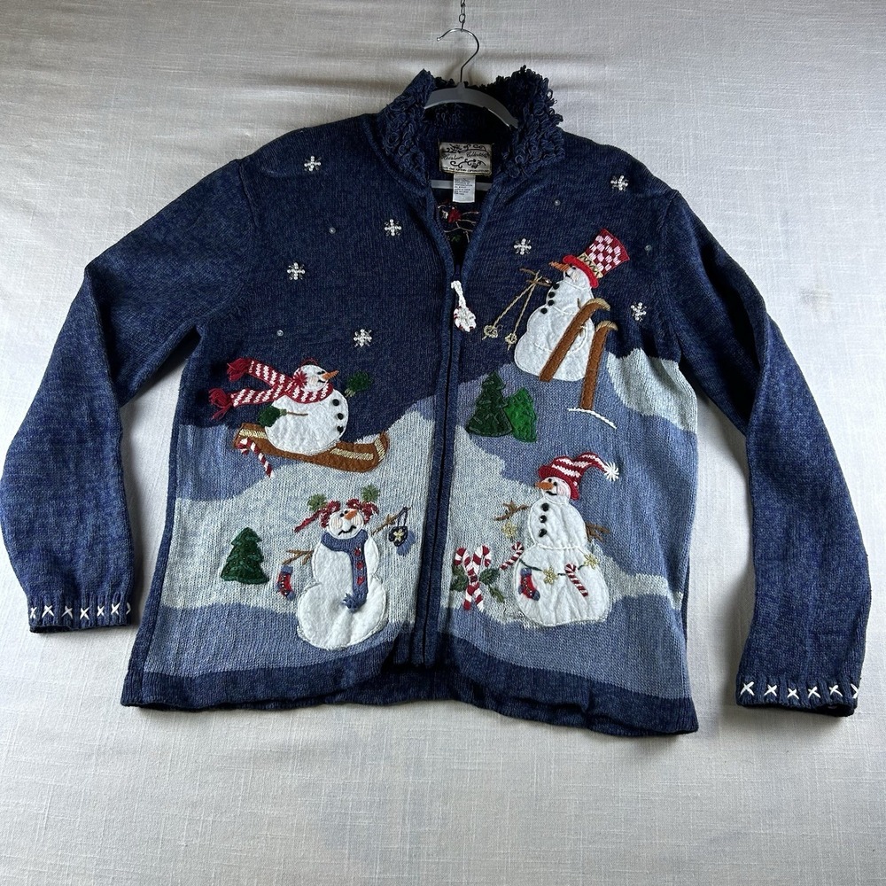 Heirloom Collectibles Holiday Snowman Cardigan Zip Sweater VTG Christmas Sz L‎
